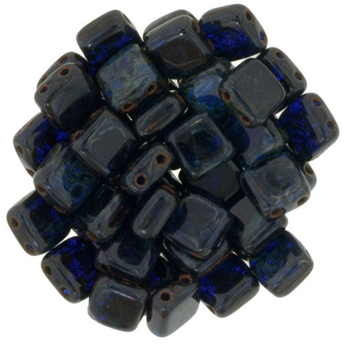 Czechmate 6mm Square Glass Czech Two Hole Tile Bead, Cobalt Picasso - Barrel of Beads