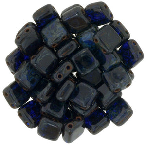 Czechmate 6mm Square Glass Czech Two Hole Tile Bead, Cobalt Picasso - Barrel of Beads