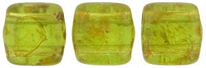 Czechmate 6mm Square Glass Czech Two Hole Tile Bead, Olivine Picasso - Barrel of Beads