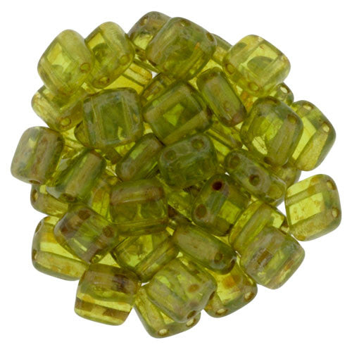 Czechmate 6mm Square Glass Czech Two Hole Tile Bead, Olivine Picasso - Barrel of Beads