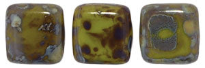 Czechmate 6mm Square Glass Czech Two Hole Tile Bead, Opaque Olive Picasso - Barrel of Beads