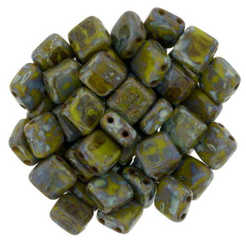Czechmate 6mm Square Glass Czech Two Hole Tile Bead, Opaque Olive Picasso - Barrel of Beads