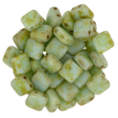 Czechmate 6mm Square Glass Czech Two Hole Tile Bead, Opaque Pale Turq Picasso - Barrel of Beads