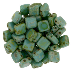 Czechmate 6mm Square Glass Czech Two Hole Tile Bead, Persian Turq Picasso - Barrel of Beads