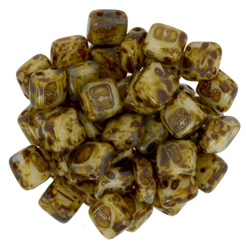 Czechmate 6mm Square Glass Czech Two Hole Tile Bead, Ivory Picasso - Barrel of Beads
