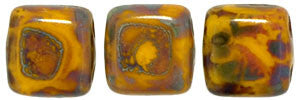 Czechmate 6mm Square Glass Czech Two Hole Tile Bead, Opaque Yellow Picasso - Barrel of Beads