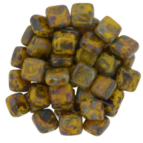 Czechmate 6mm Square Glass Czech Two Hole Tile Bead, Opaque Yellow Picasso - Barrel of Beads