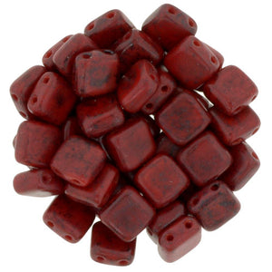 Czechmate 6mm Square Glass Czech Two Hole Tile Bead, Opaque Red/Black Picasso - Barrel of Beads