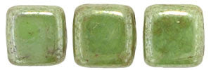 Czechmate 6mm Square Glass Czech Two Hole Tile Bead, Honeydew - Luster Picasso - Barrel of Beads