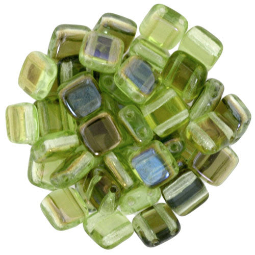 Czechmate 6mm Square Glass Czech Two Hole Tile Bead, Twilight Peridot - Barrel of Beads