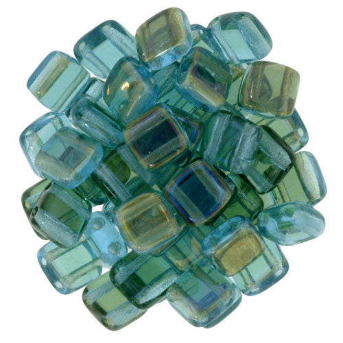 Czechmate 6mm Square Glass Czech Two Hole Tile Bead, Twilight - Aquamarine - Barrel of Beads