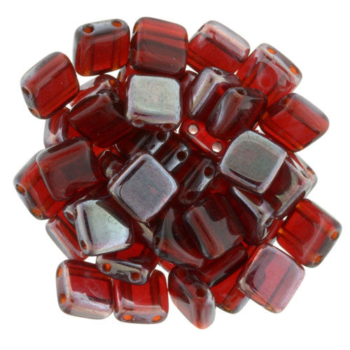 Czechmate 6mm Square Glass Czech Two Hole Tile Bead, Celsian Siam Ruby - Barrel of Beads