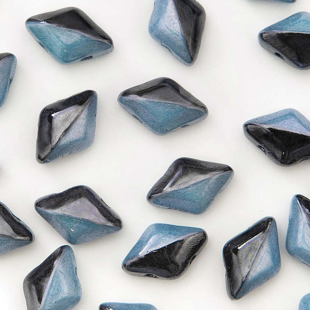 GemDuo 2-Hole Diamond Shaped Bead, Duet Black/White Blue Luster, GD03849-14464, 7.5 grams