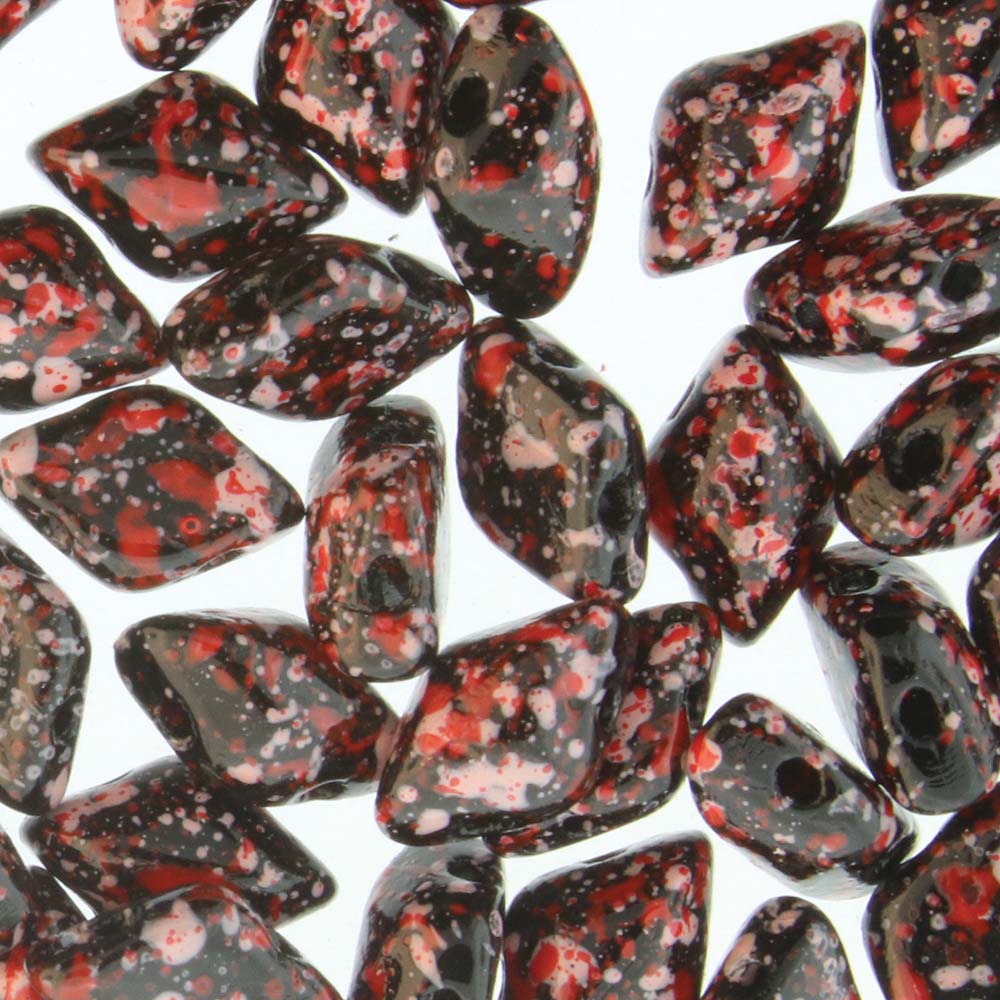 GemDuo 2-Hole Diamond Shaped Bead, Jet-Red Pink Confetti, GD2398-24401, 7.5 grams