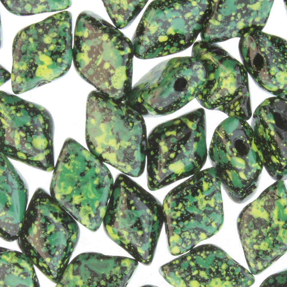 GemDuo 2-Hole Diamond Shaped Bead, Jet Green Confetti, GD2398-24405