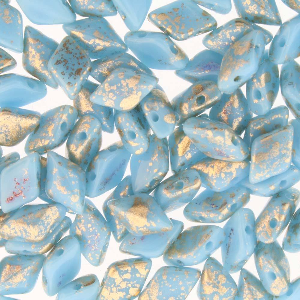 GemDuo 2-Hole Diamond Shaped Bead, Gold Splash Turquoise Blue, GD6303-94401, 7.5 grams