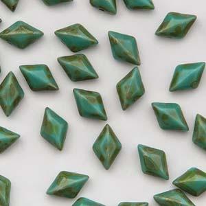 GemDuo 2-Hole Diamond Shaped Bead, Turquoise Green Dark Trav, GD6313-86805, 7.5 grams