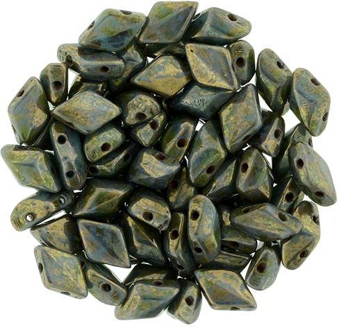 GemDuo 2-Hole Diamond Shaped Bead, Green Turquoise-Bronze Picasso, GDBT6313, 7.5 grams