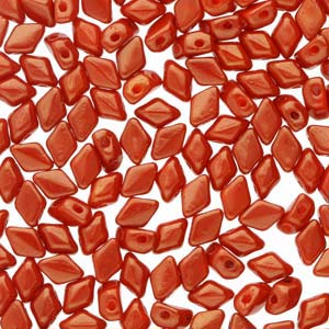 Mini GemDuo 2-Hole Diamond Shaped Bead, Opaque Orange/Red Luster, 7.5 grams