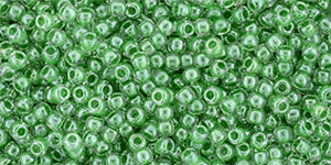 Toho 11/0 Round Japanese Seed Bead, #343, Inside Color Crystal/Apple Green Lined
