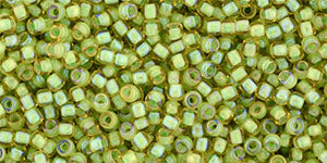Toho 11/0 Round Japanese Seed Bead, #946, Inside Color Jonquil/Opaque Green Lined