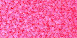Toho 11/0 Round Japanese Seed Bead, #971, Inside Color Matte Crystal/Neon Pink Lined