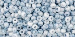 Toho 11/0 Round Japanese Seed Bead, TR11-1205, Marbled Opaque White/Blue - Barrel of Beads