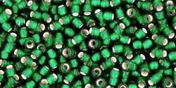 Toho 11/0 Round Japanese Seed Bead, TR11-36F, Matte Silver Lined Emerald Green - Barrel of Beads