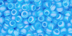 Toho 8/0 Round Japanese Seed Bead, TR8-163BF, Transparent AB Frost Dark Aquamarine - Barrel of Beads